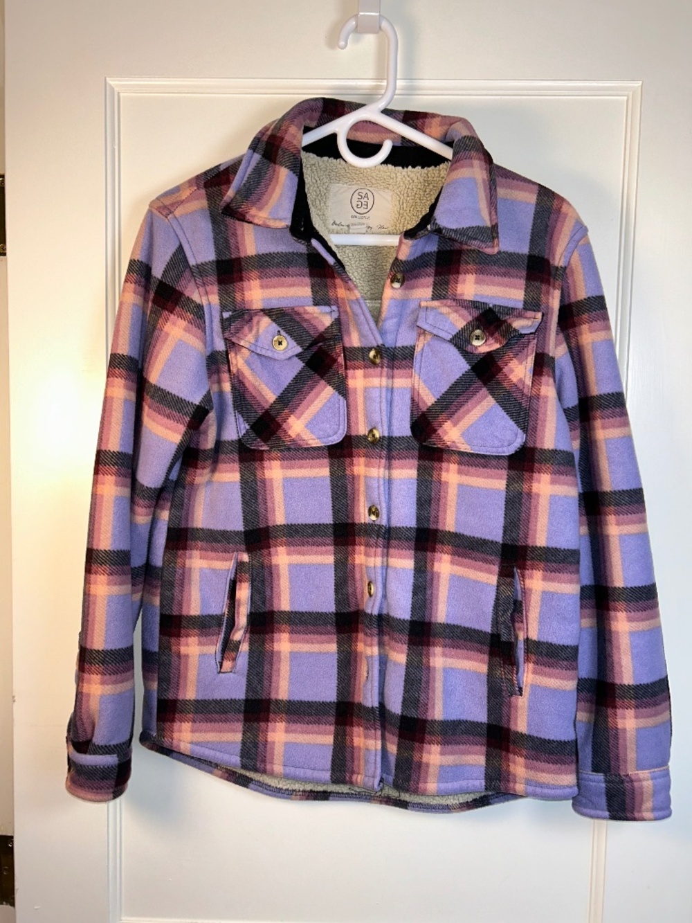 Sage Collective Womens Medium Shacket Sherpa Lined Fleece Plaid Lavender Black